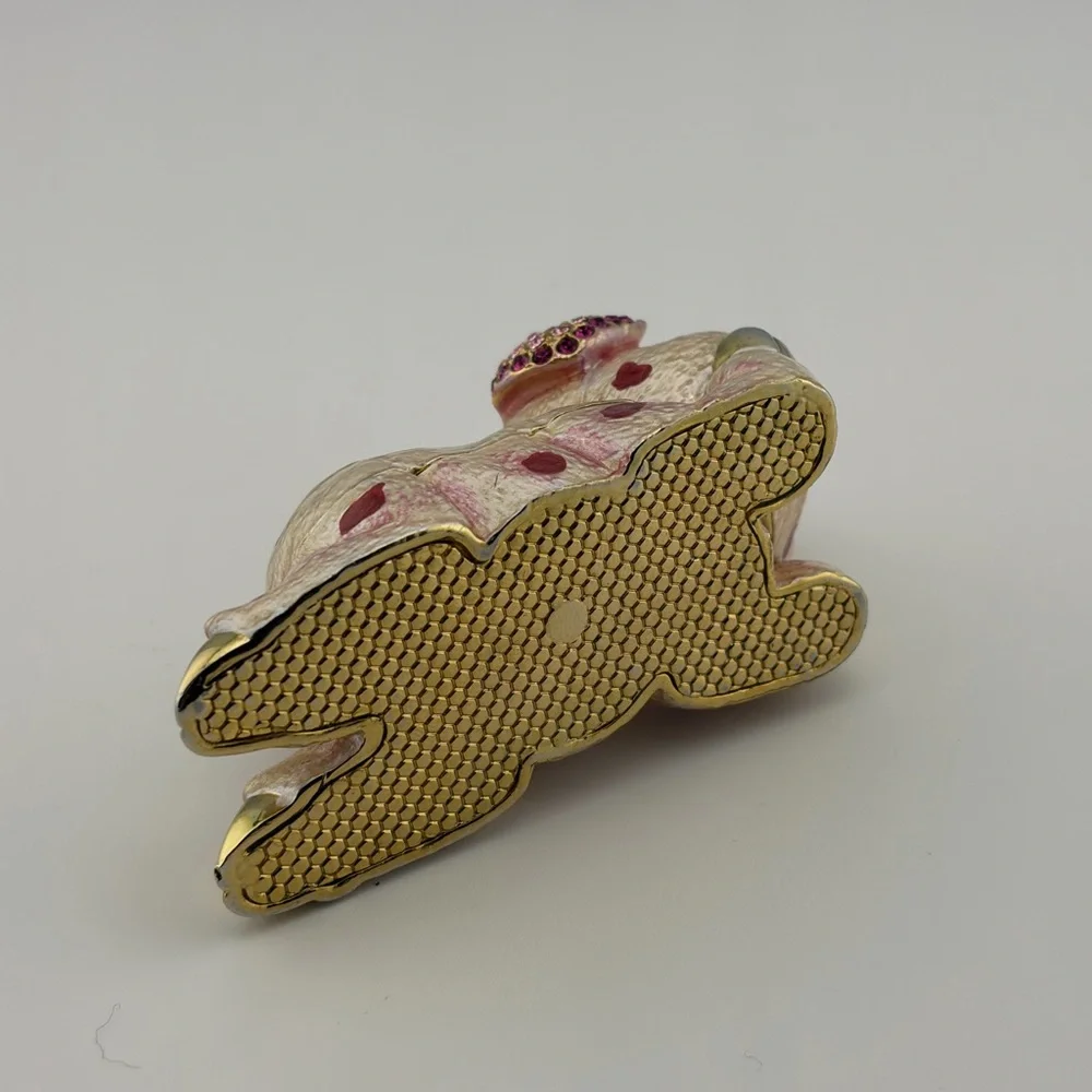 Vintage Gold Pink Enamel Rhinestone Pig Trinket Box - Picture 7 of 7